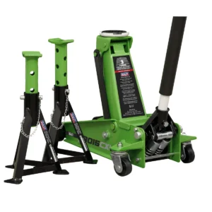 Trolley Jack with Super Rocket Lift 3 Tonne & Axle Stands (Pair) 3 Tonne Capacity per Stand – Green