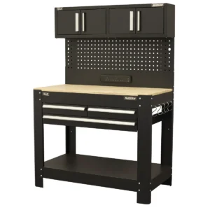 Superline PRO® Workbench with Pegboard Back Panel, Power Bar & Wooden Worktop