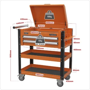 Superline PRO® Heavy-Duty Mobile Tool & Parts Trolley with Lockable Top & 2 Drawers – Orange