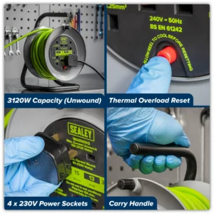 15m Cable Reel with Thermal Trip 4 x 230V – Hi-Vis Green