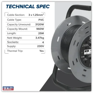 25m Cable Reel with Thermal Trip & RCD Plug 4 x 230V