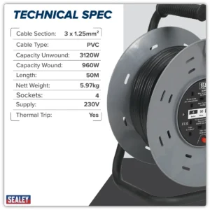 50m Cable Reel with Thermal Trip 4 x 230V