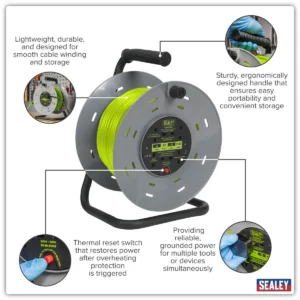 50m Cable Reel with Thermal Trip 4 x 230V – Hi-Vis Green