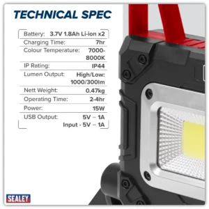 Rechargeable Solar Powered Portable Floodlight 15W COB LED